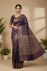 Banarasi Cotton Saree in Plum Purple with resham flower leaf buti