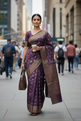 Banarasi Cotton Saree in Plum Purple with resham flower leaf buti