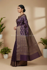Banarasi Cotton Saree in Plum Purple with resham flower leaf buti
