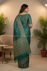 Banarasi Cotton Saree in Blueish Green with resham flower leaf buti
