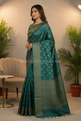 Banarasi Cotton Saree in Blueish Green with resham flower leaf buti