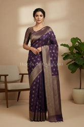 Banarasi Cotton Saree in Plum Purple with resham Paisley leaf buti