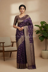 Banarasi Cotton Saree in Plum Purple with resham Paisley leaf buti