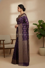 Banarasi Cotton Saree in Plum Purple with resham Paisley leaf buti