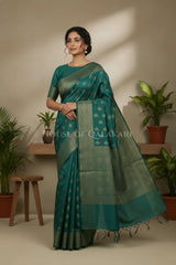 Banarasi Cotton Saree in Blueish Green with resham Paisley leaf buti