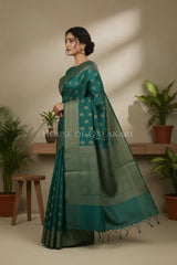 Banarasi Cotton Saree in Blueish Green with resham Paisley leaf buti