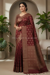 Banarasi Cotton Saree in Maroon Oak with resham Paisley leaf buti