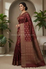 Banarasi Cotton Saree in Maroon Oak with resham Paisley leaf buti
