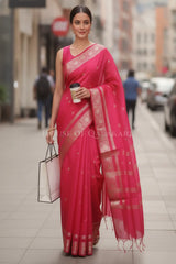 Banarasi Cotton Sarees with Zari Border and subtle pallu in Pink