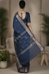 Banarasi Cotton Sarees with Zari Border and subtle pallu in Navy Blue