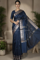 Banarasi Cotton Sarees with Zari Border and subtle pallu in Navy Blue