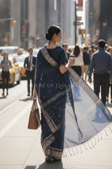 Banarasi Cotton Sarees with Zari Border and subtle pallu in Navy Blue