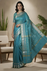 Banarasi Cotton Sarees with Zari Border and subtle pallu in blueish green dual tone