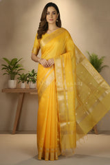 Banarasi Cotton Sarees with Zari Border and subtle pallu in Yellow