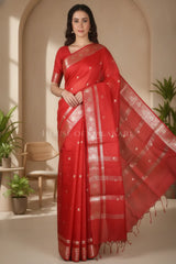 Banarasi Cotton Sarees with Zari Border and subtle pallu in Red