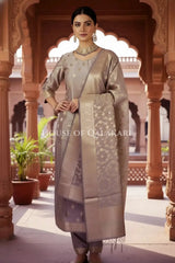 Banarasi Cotton Silk blend Unstitched Dress Material in Antique Grey colour with Intricate Zari Diamond Buti – front pose
