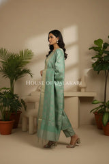 Banarasi Unstitched Dress Material in Grey Olive -Sea Green diamond Chokdi resham work kurta and zari border – side pose