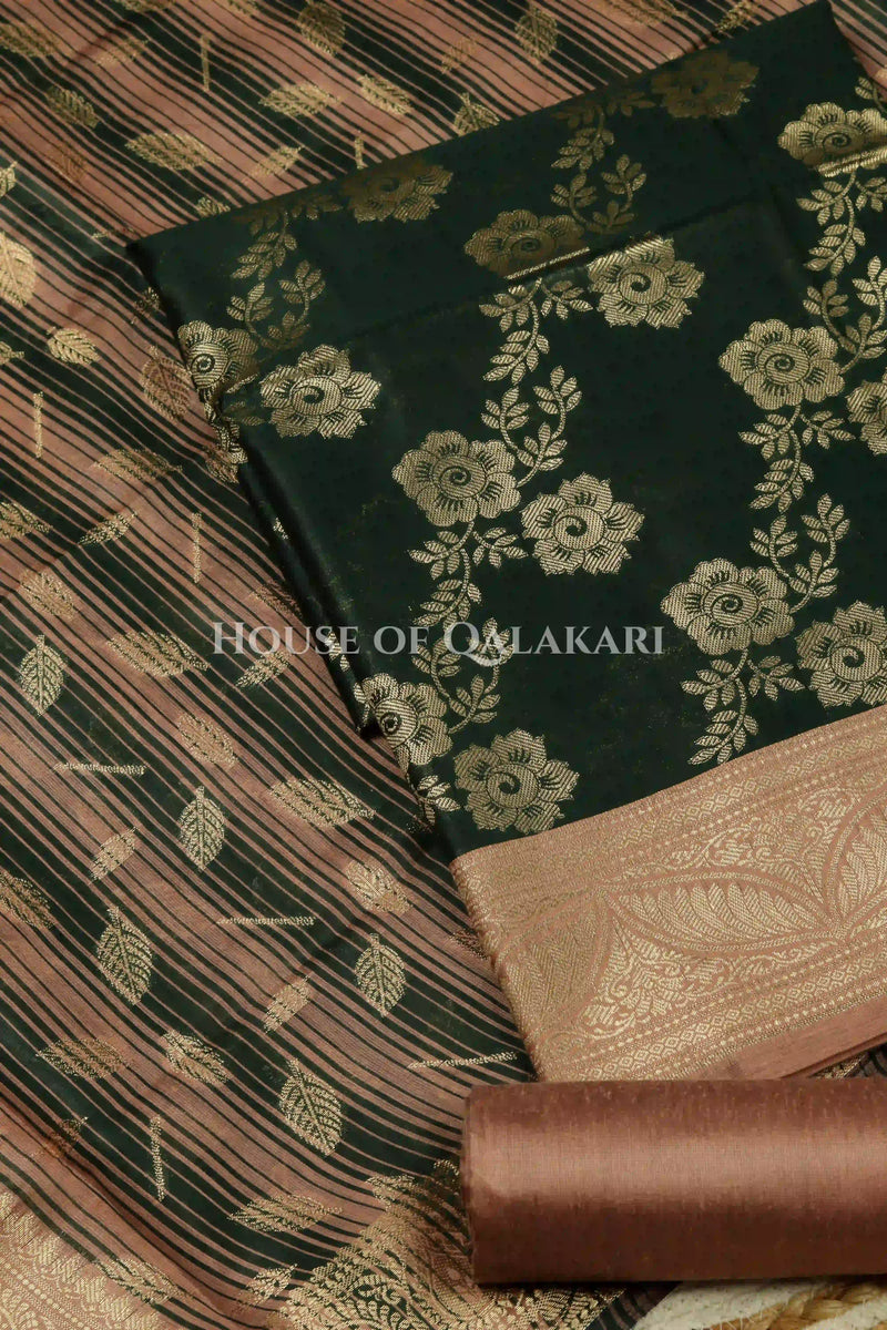 Banarasi Cotton Silk blend Unstitched Dress Material in deep emerald green and rose gold contrast with Intricate Zari Buti – product