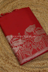 Banarasi silk Unstitched Dress Material in Red and with lotus floral border and diagonal striped zari work dupatta – kurta