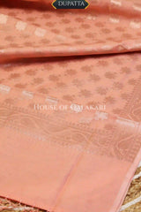 Banarasi Chanderi Cotton Unstitched Dress Material in Peach and with matching floral vine jaal dupatta – dupatta