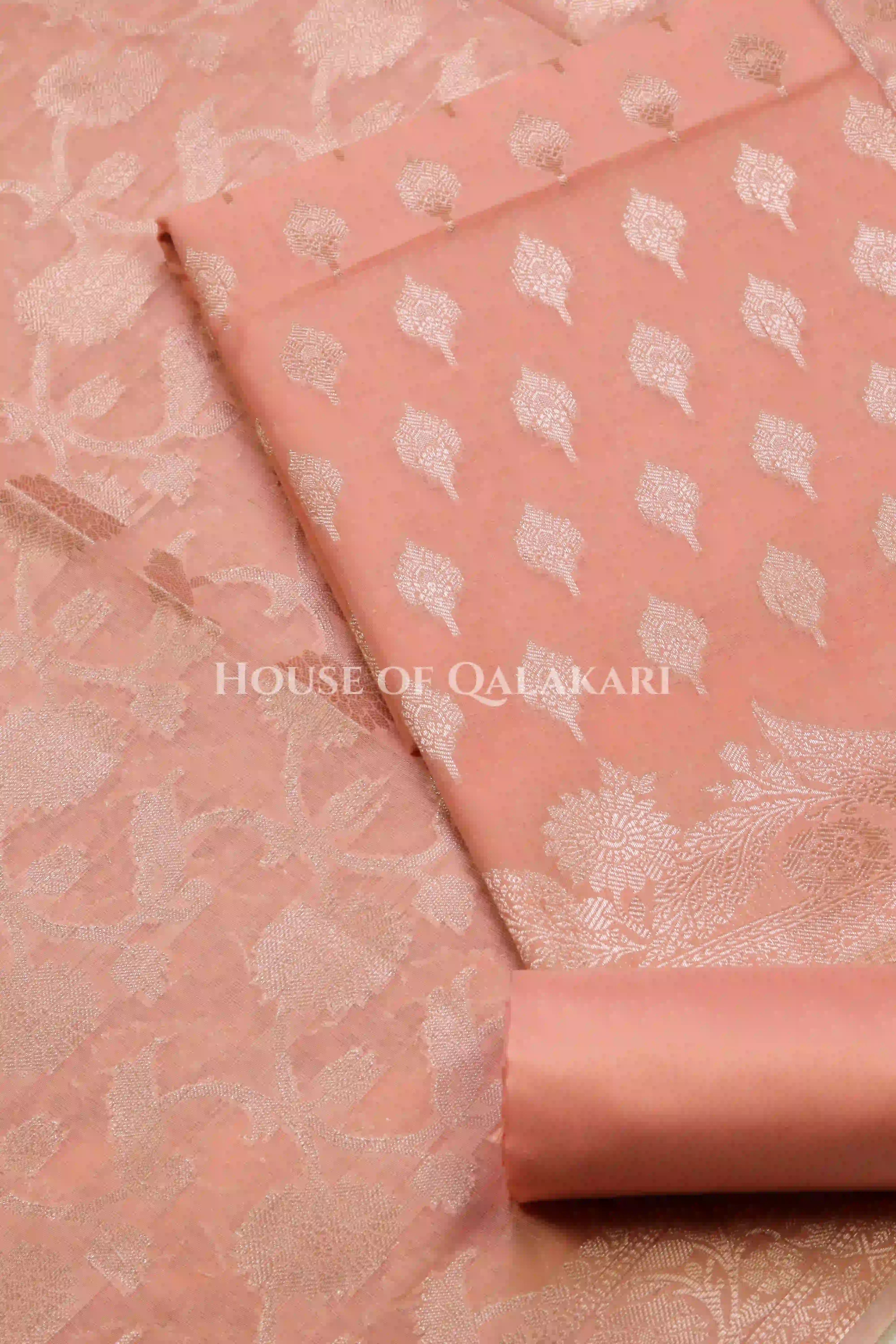 Banarasi Chanderi Cotton Unstitched Dress Material in Peach Pink with intricate Zari Buti work – product