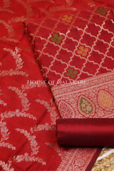 Banarasi Chanderi Cotton Unstitched Dress Material in Red and with matching floral vine jaal dupatta – product