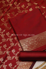 Banarasi Unstitched Dress Material in Red plain kurta and zari border along with floral zari jaal dupatta – product