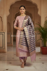 Banarasi Cotton Silk blend Unstitched Dress Material in Dusky Rose and with contrast Navy Blue-Dusky Rose striped dupatta – festive pose