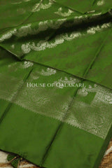 Banarasi Silk Unstitched Dress Material in Sage Green and Green contrast with Intricate Zari Buti – dupatta