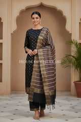 Banarasi Cotton Silk blend Unstitched Dress Material in Black and with gol buti( Polka dots) inspired work – festive pose