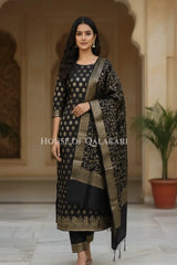Banarasi Cotton Silk blend Unstitched Dress Material in Black and with matching floral vine jaal dupatta – front pose