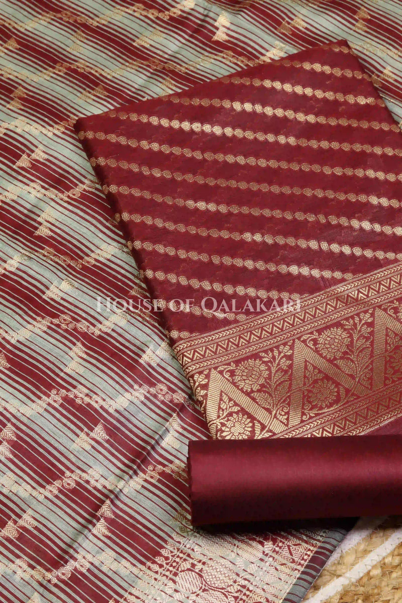 Banarasi Cotton Silk blend Unstitched Dress Material in Maroon Oak and with Bandhani-Leheriya inspired work – product