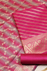 Banarasi Cotton Silk blend Unstitched Dress Material in Rani Pink and with Bandhani-Leheriya inspired work – product