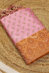 Banarasi Unstitched Dress Material in Dull Pink and with all over leaf buti and resham border along with floral resham jaal dupatta – kurta