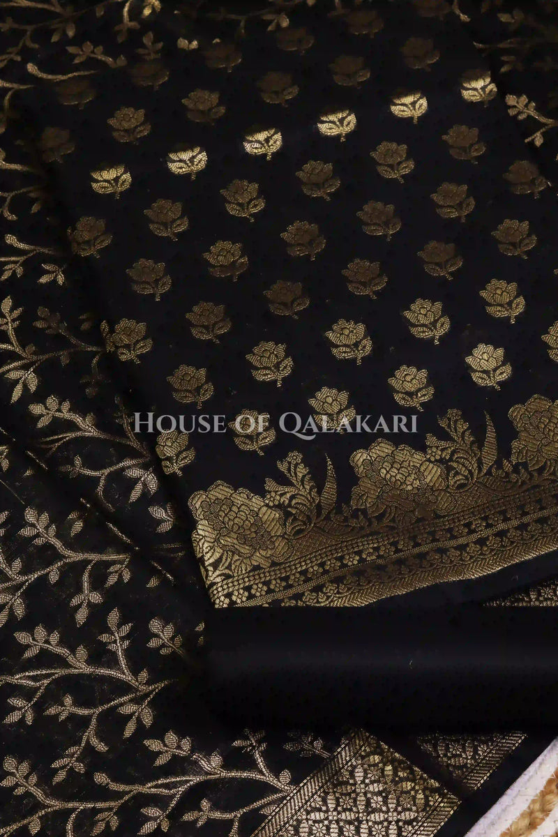 Banarasi Cotton Silk blend Unstitched Dress Material in Black and with matching floral vine jaal dupatta – product