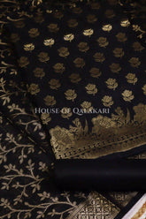 Banarasi Cotton Silk blend Unstitched Dress Material in Black and with matching floral vine jaal dupatta – product