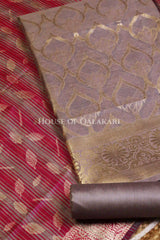 Banarasi Cotton Silk blend Unstitched Dress Material in Rosy Brown and with contrast Burgundy-Rosy Brown striped dupatta – product