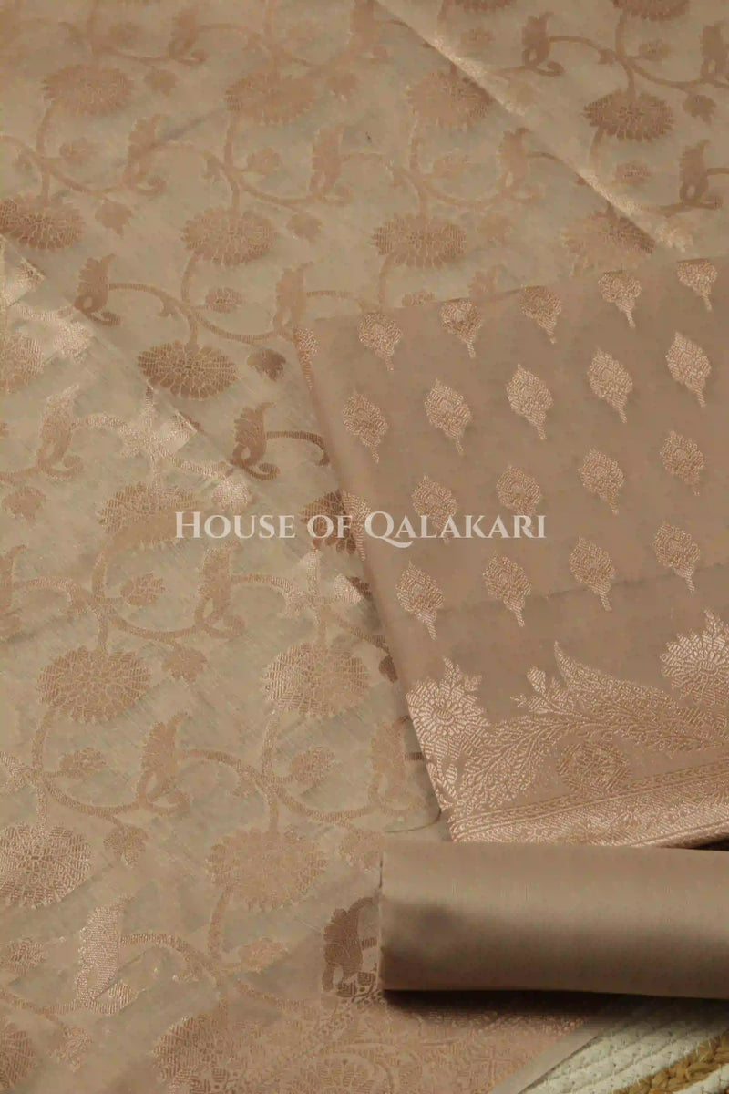 Banarasi Chanderi Cotton Unstitched Dress Material in Champagne beige with intricate Zari Buti work – product