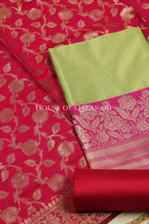 Banarasi silk Unstitched Dress Material in parrot green and pink contrast with Intricate Zari Buti – product