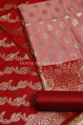Banarasi Silk Unstitched Dress Material in Rose Pink and Red contrast with Intricate Zari Buti – product