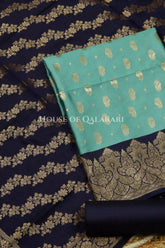 Banarasi Silk in sky blue and navy blue contrast with Intricate Zari Buti – product