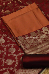 Banarasi silk Unstitched Dress Material in Clay Brown and Maroon Oak contrast with Intricate Zari Buti – product