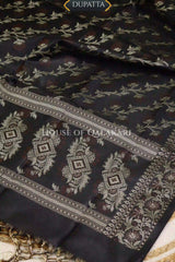 Banarasi Unstitched Dress Material in Black and with plain body and resham border and diagonally striped resham dupatta – dupatta