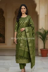 Banarasi Cotton Silk blend Unstitched Dress Material in Mehndi and with matching floral vine jaal dupatta – front pose