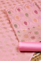 Banarasi Chanderi Cotton Unstitched Dress Material in Light Pink and with matching floral vine jaal dupatta – product