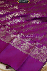 Banarasi silk Unstitched Dress Material in Rich Purple and with lotus floral border and diagonal striped zari work dupatta – dupatta