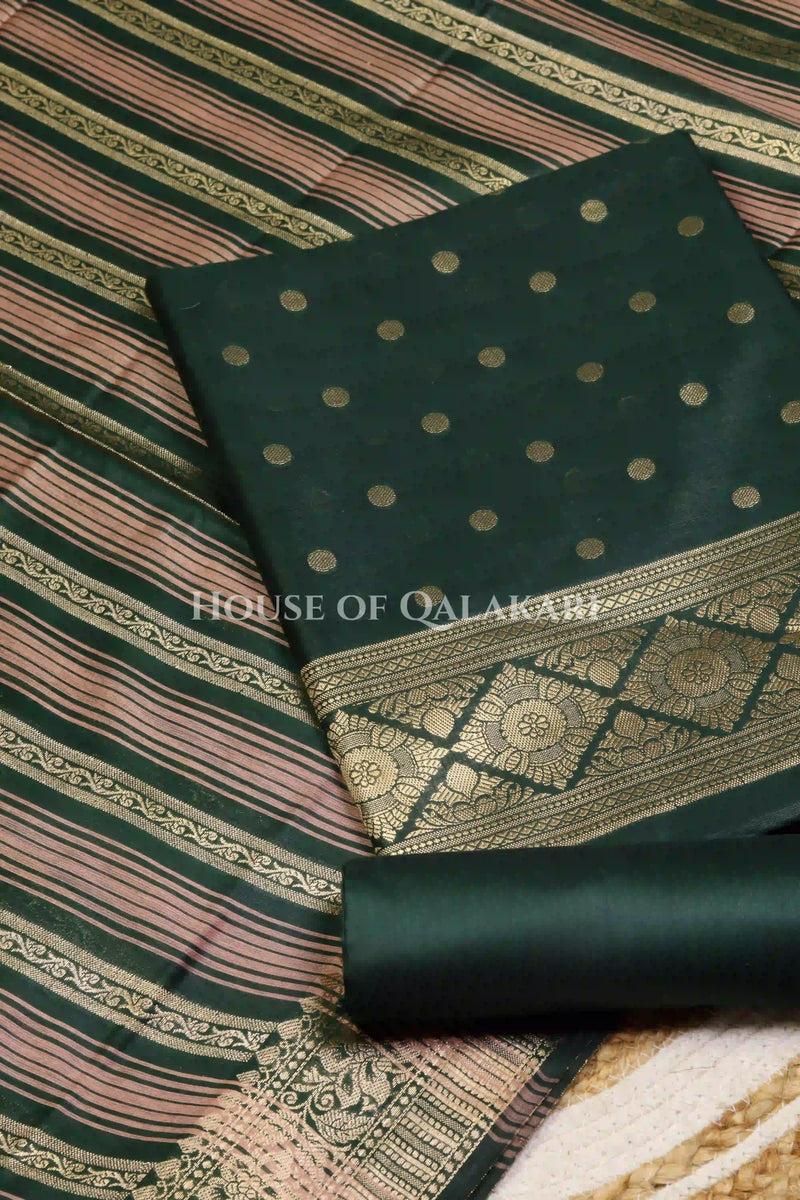Banarasi Cotton Silk blend Unstitched Dress Material in Bottle Green and with gol buti( Polka dots) inspired work – product
