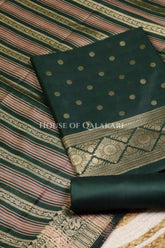 Banarasi Cotton Silk blend Unstitched Dress Material in Bottle Green and with gol buti( Polka dots) inspired work – product