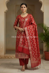 Banarasi Chanderi Cotton Unstitched Dress Material in Red and with matching floral vine jaal dupatta – front pose