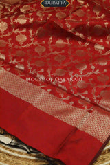 Banarasi silk Unstitched Dress Material in grey and red contrast with Intricate Zari Buti – dupatta